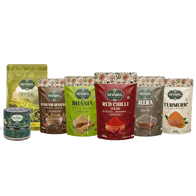 Devarul Indian Spices and Imperial CTC Chai (250g) | Darjeeling Green Tea Leaf (50g) Combo Pack | Garam Masala, Dhania, Red Chilli, Jeera & Turmeric Powder (100g Each) | Pure, Aromatic & 100% Natural - Image 3