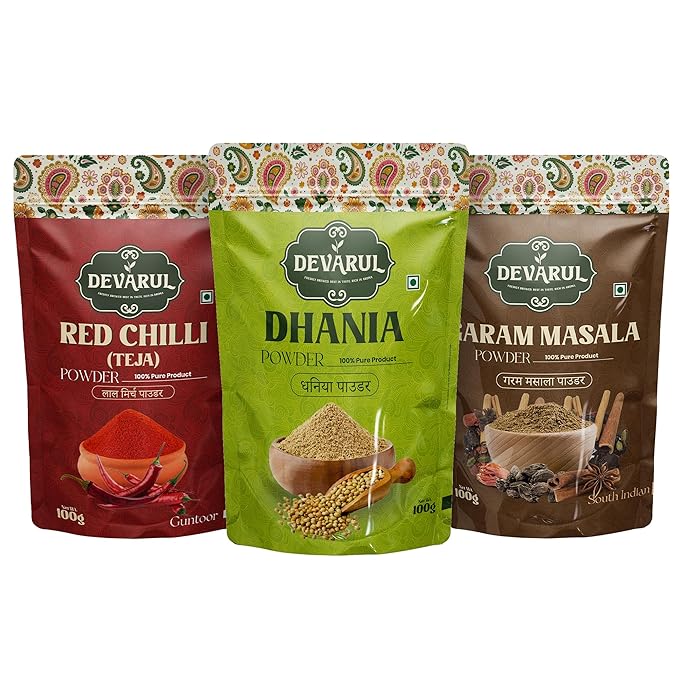 Devarul Indian Spices Combo Pack – Red Chilli Powder, Dhania Powder, Garam Masala, 100g Each (100Gram, Red Chilli-Daniya-Garam Masala) - Image 2